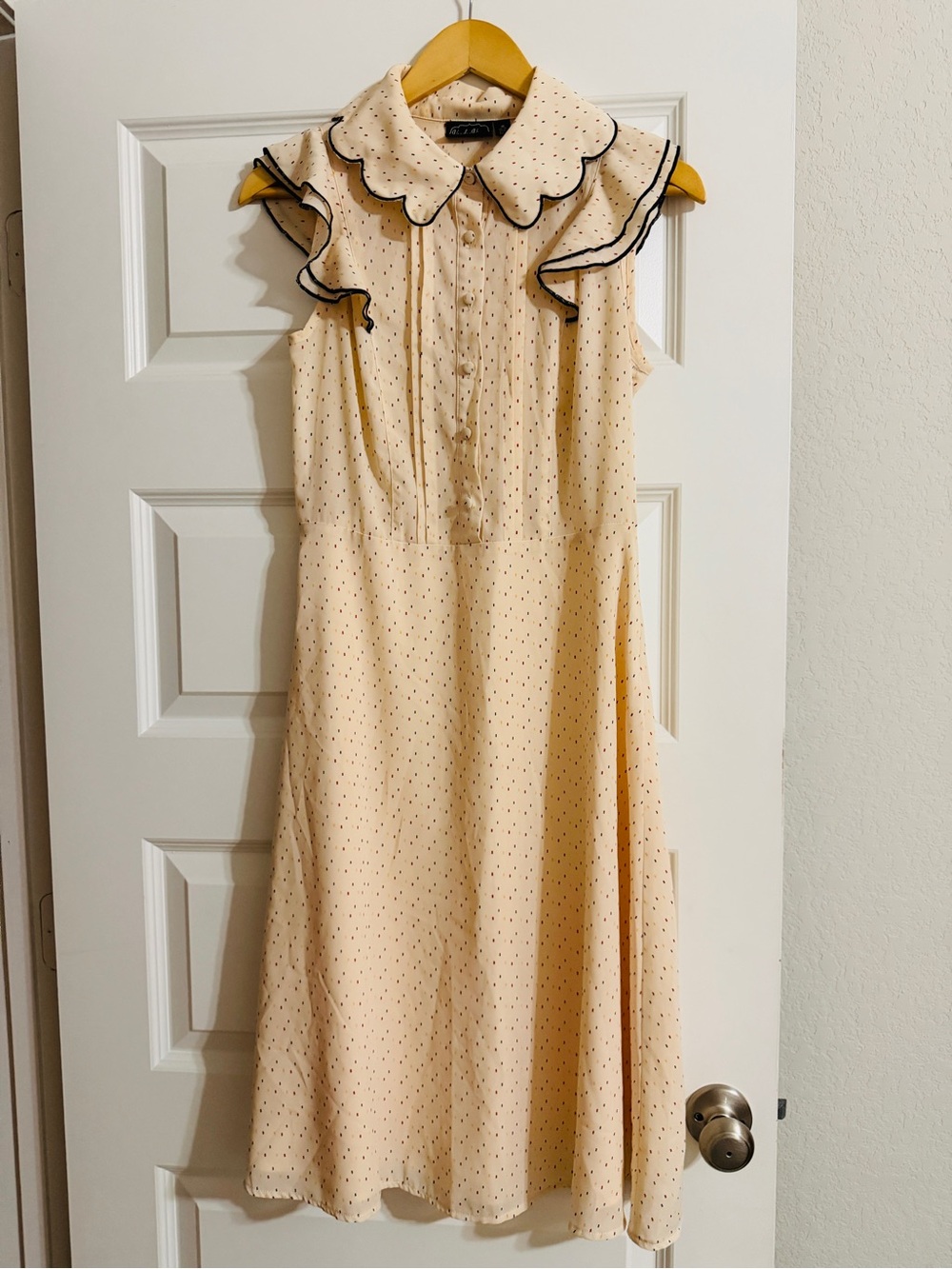 Voodoo Vixen Cream Polka Dot Sleeveless Midi Dress with Scalloped Collar
